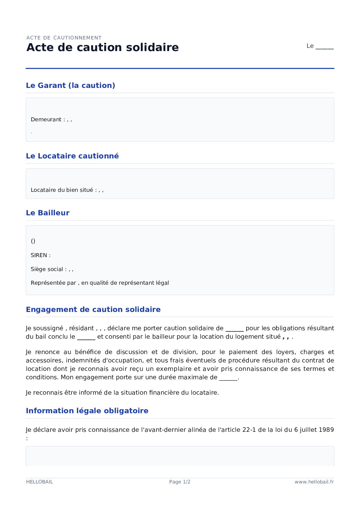 Acte de caution solidaire