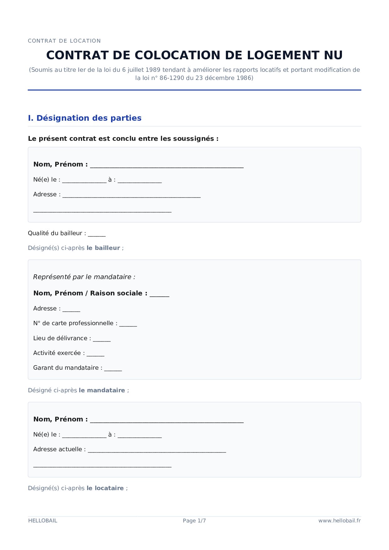 Contrat de colocation vide