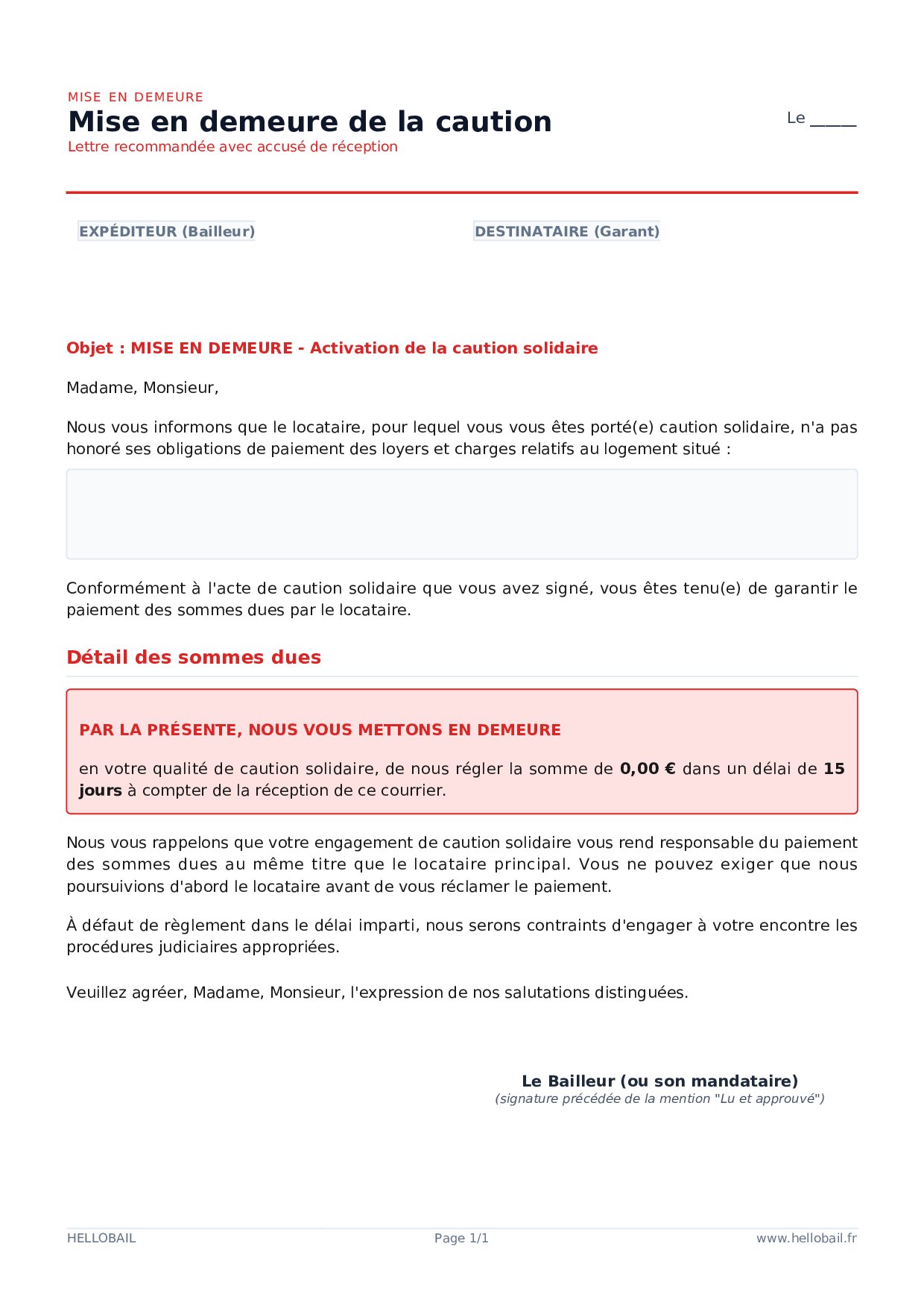 Mise en demeure pour loyers impayés (garant)