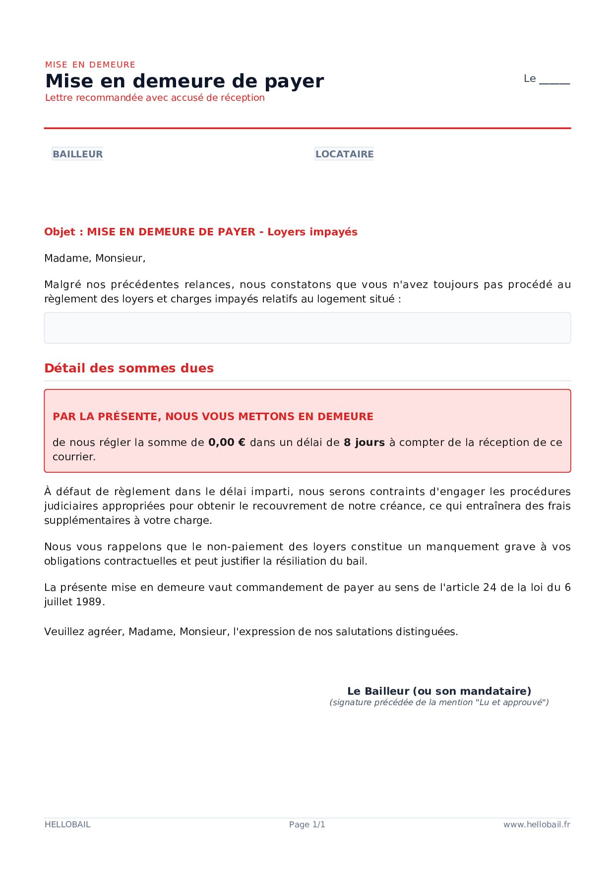 Mise en demeure pour loyers impayés (locataire)
